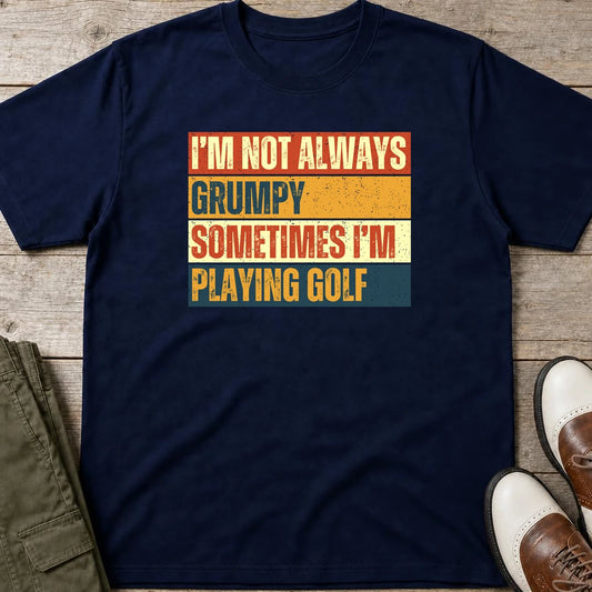 Grumpy Vintage T-Shirt in Navy lying on a plain floor. T-shirt is a unisex cut and 100 per cent cotton.