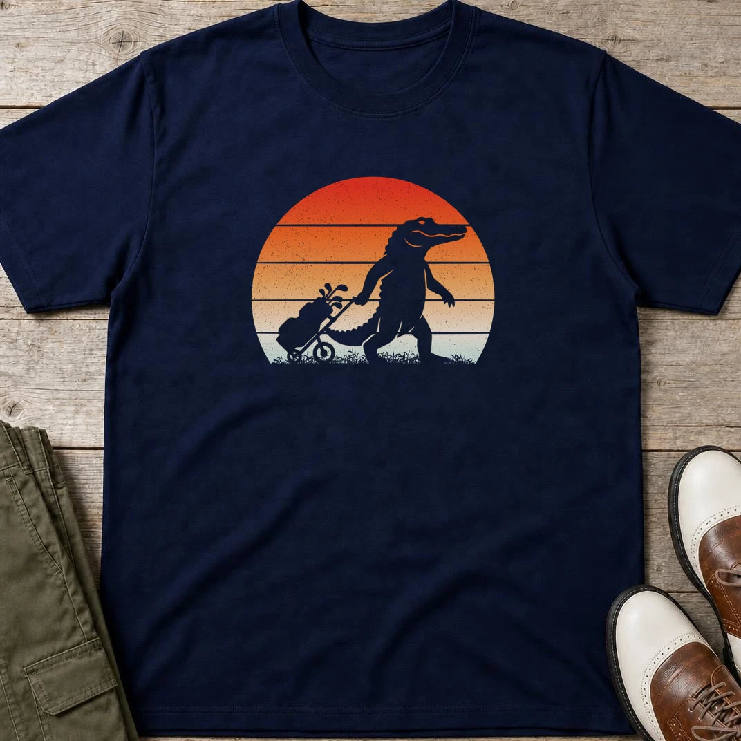 Trolley Gator T-Shirt in Navy lying on a plain floor. T-shirt is a unisex cut and 100 per cent cotton.