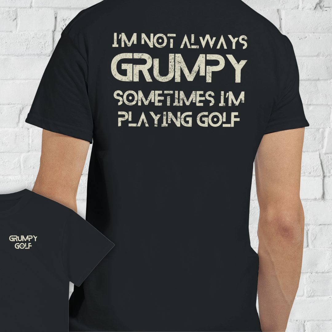 Grumpy Golf Front & Back T-Shirt in Black lying on a plain floor. T-shirt is a unisex cut and 100 per cent cotton.