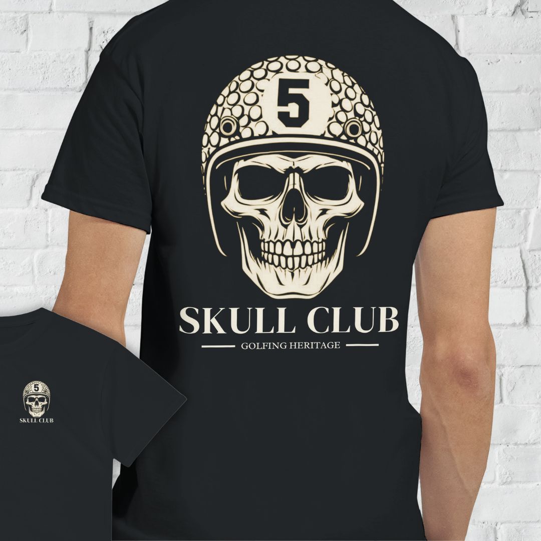 Skull Front & Back Print T-Shirt in lying on a plain floor. T-shirt is a unisex cut and 100 per cent cotton.
