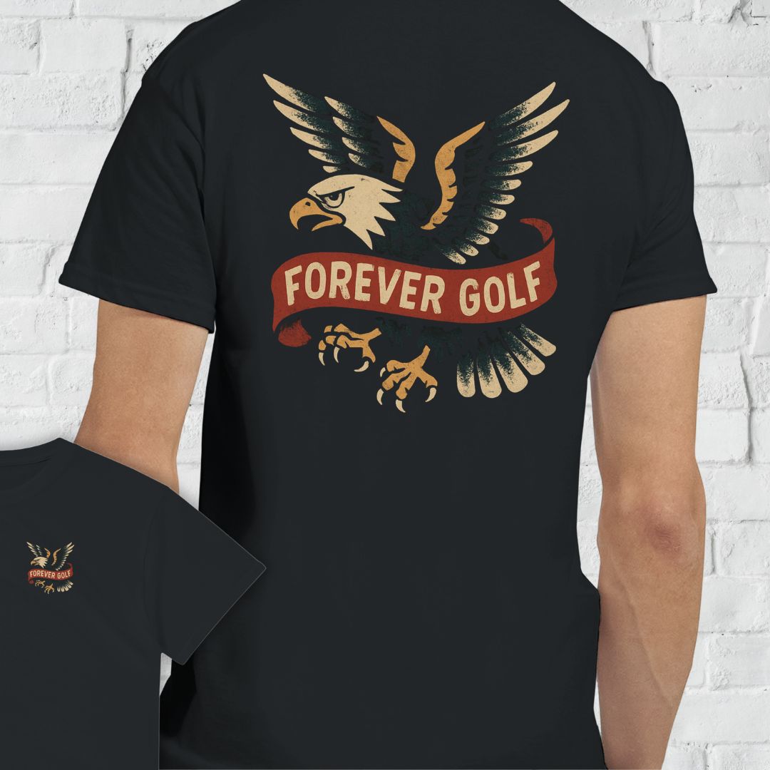 Forever Golf Front & Back T-Shirt in lying on a plain floor. T-shirt is a unisex cut and 100 per cent cotton.