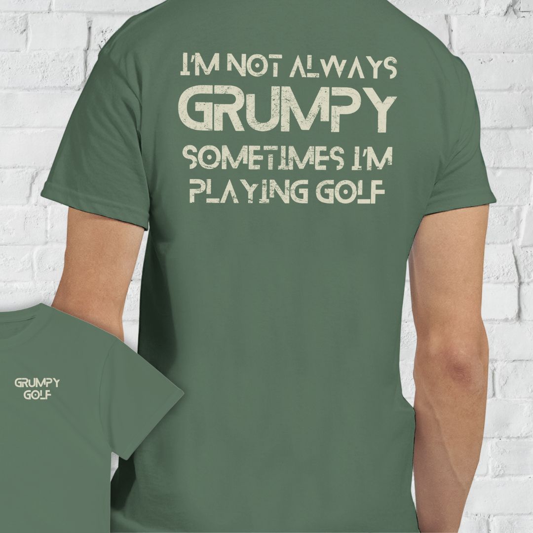 Grumpy Golf Front & Back T-Shirt in Military Green lying on a plain floor. T-shirt is a unisex cut and 100 per cent cotton.
