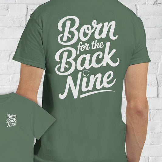 Back Nine Front & Back Print T-Shirt in Military Green lying on a plain floor. T-shirt is a unisex cut and 100 per cent cotton.