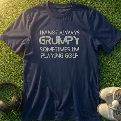 Grumpy Golf T-Shirt in lying on a plain floor. T-shirt is a unisex cut and 100 per cent cotton.