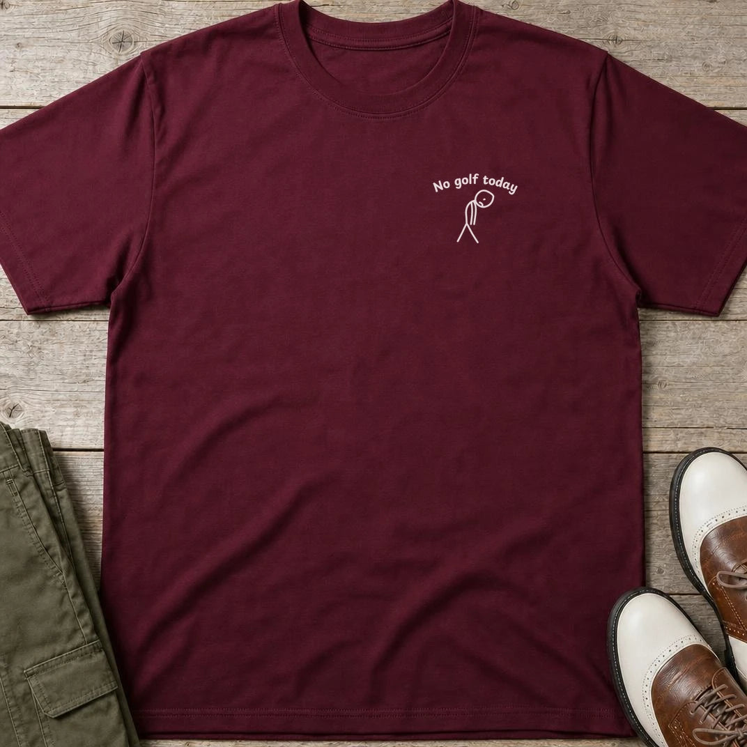 No Golf Today Pocket T-Shirt in Maroon lying on a plain floor. T-shirt is a unisex cut and 100 per cent cotton.