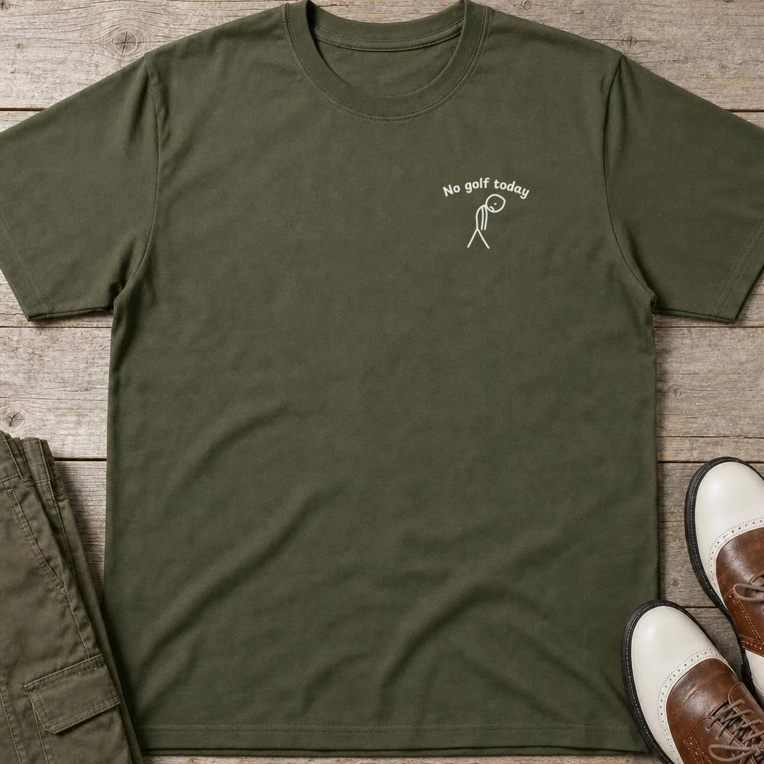No Golf Today Pocket T-Shirt in Military Green lying on a plain floor. T-shirt is a unisex cut and 100 per cent cotton.