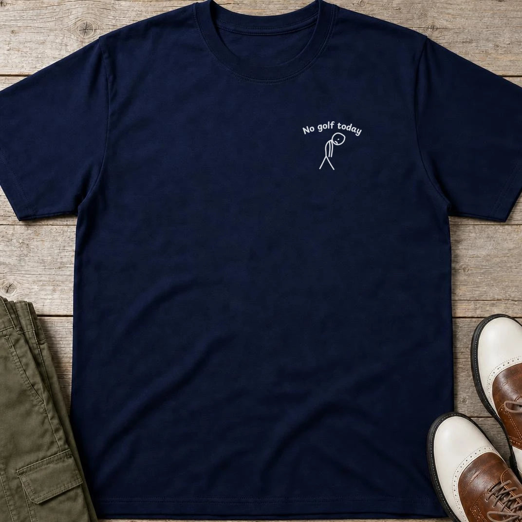 No Golf Today Pocket T-Shirt in Navy lying on a plain floor. T-shirt is a unisex cut and 100 per cent cotton.