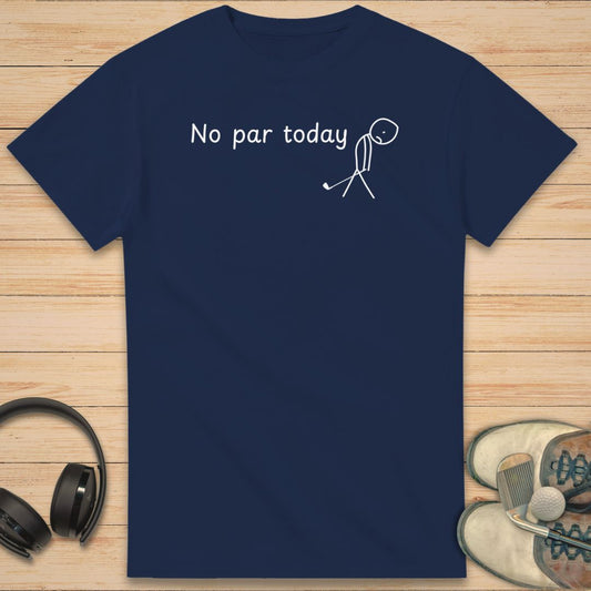 No Par Today T-Shirt in Navy on a light wooden floor lying next to headphones and golf shoes.