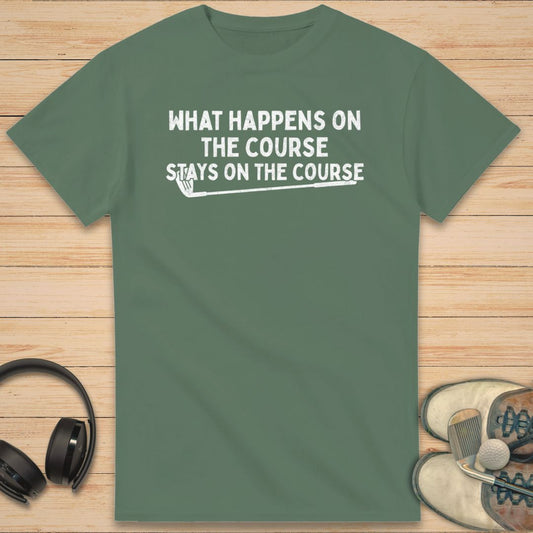 Stays On The Course T-Shirt in Military Green on a light wooden floor lying next to headphones and golf shoes.