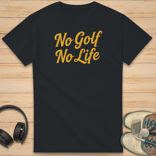 No Golf T-Shirt in on a light wooden floor lying next to headphones and golf shoes.