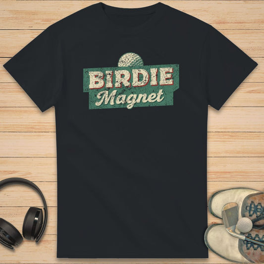 Birdie Magnet T-Shirt in Black on a light wooden floor lying next to headphones and golf shoes.