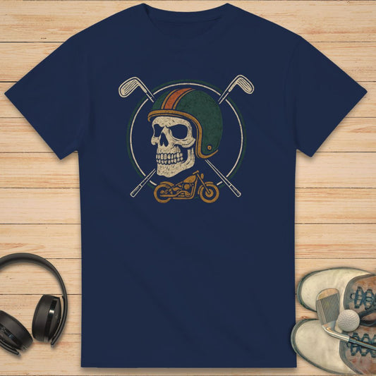 Golfing Biker T-Shirt in Navy on a light wooden floor lying next to headphones and golf shoes.