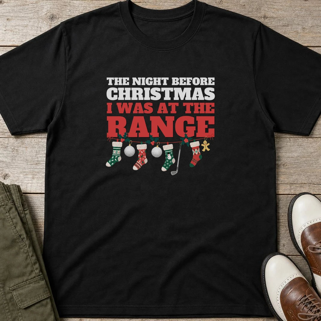 Night Before T-Shirt in Black lying on a plain floor. T-shirt is a unisex cut and 100 per cent cotton.