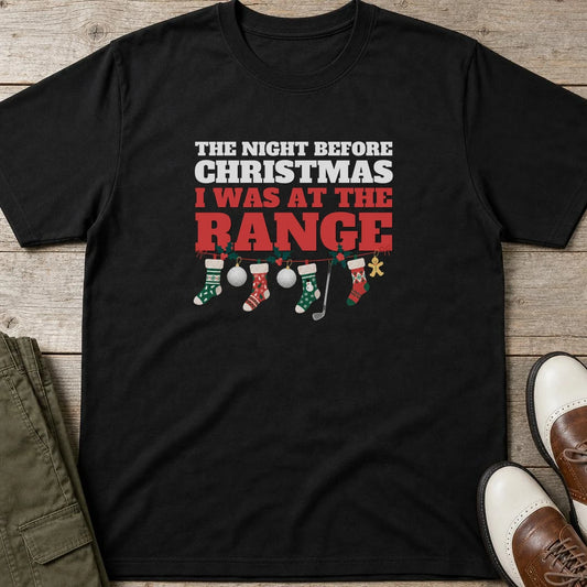 Night Before T-Shirt in Black lying on a plain floor. T-shirt is a unisex cut and 100 per cent cotton.