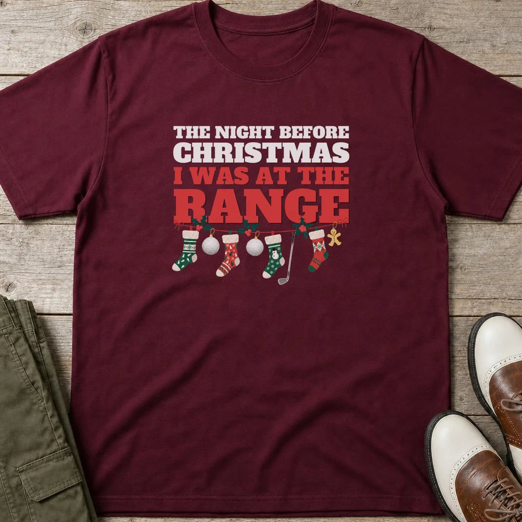 Night Before T-Shirt in Maroon lying on a plain floor. T-shirt is a unisex cut and 100 per cent cotton.