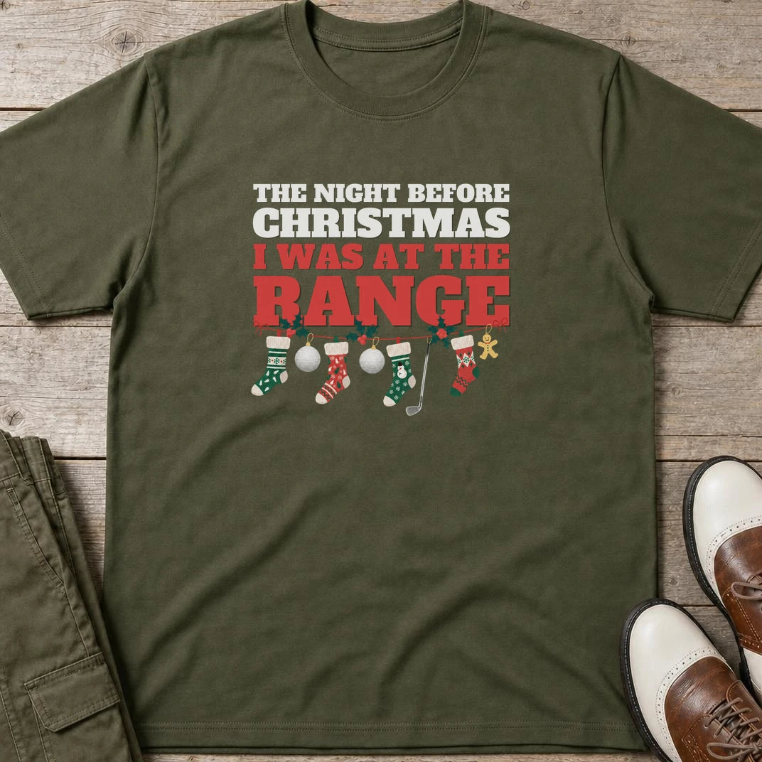 Night Before T-Shirt in Military Green lying on a plain floor. T-shirt is a unisex cut and 100 per cent cotton.