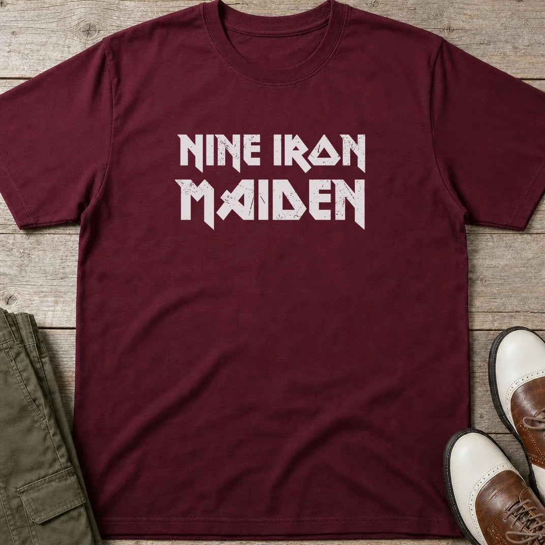 Nine Iron Maiden II T-Shirt in Maroon lying on a plain floor. T-shirt is a unisex cut and 100 per cent cotton.
