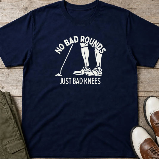 No Bad Rounds T-Shirt in Navy lying on a plain floor. T-shirt is a unisex cut and 100 per cent cotton.