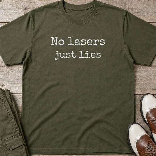 No Lasers T-Shirt in Military Green lying on a plain floor. T-shirt is a unisex cut and 100 per cent cotton.