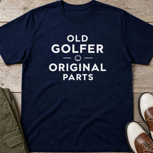 Old Golfer T-Shirt in Navy lying on a plain floor. T-shirt is a unisex cut and 100 per cent cotton.