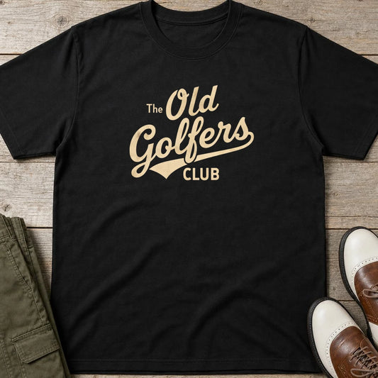 Old Golfers Club T-Shirt in lying on a plain floor. T-shirt is a unisex cut and 100 per cent cotton.