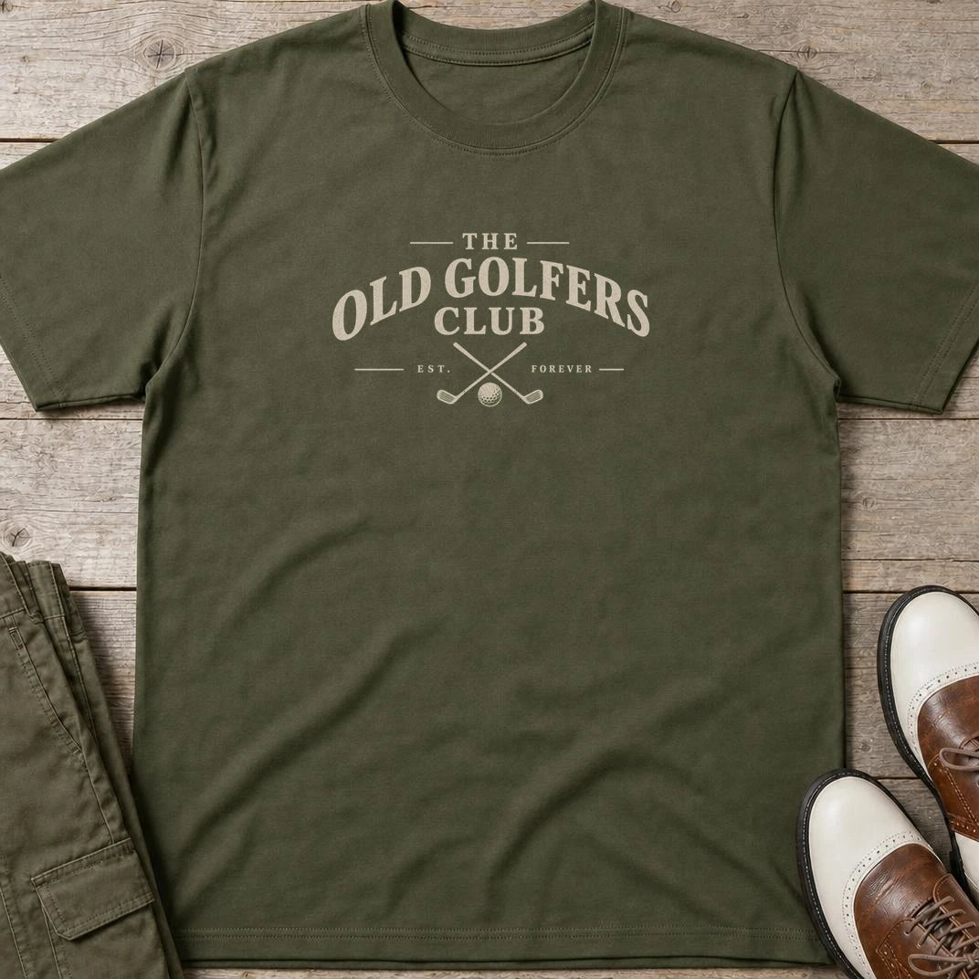 Old Golfers Club T-Shirt in Military Green lying on a plain floor. T-shirt is a unisex cut and 100 per cent cotton.
