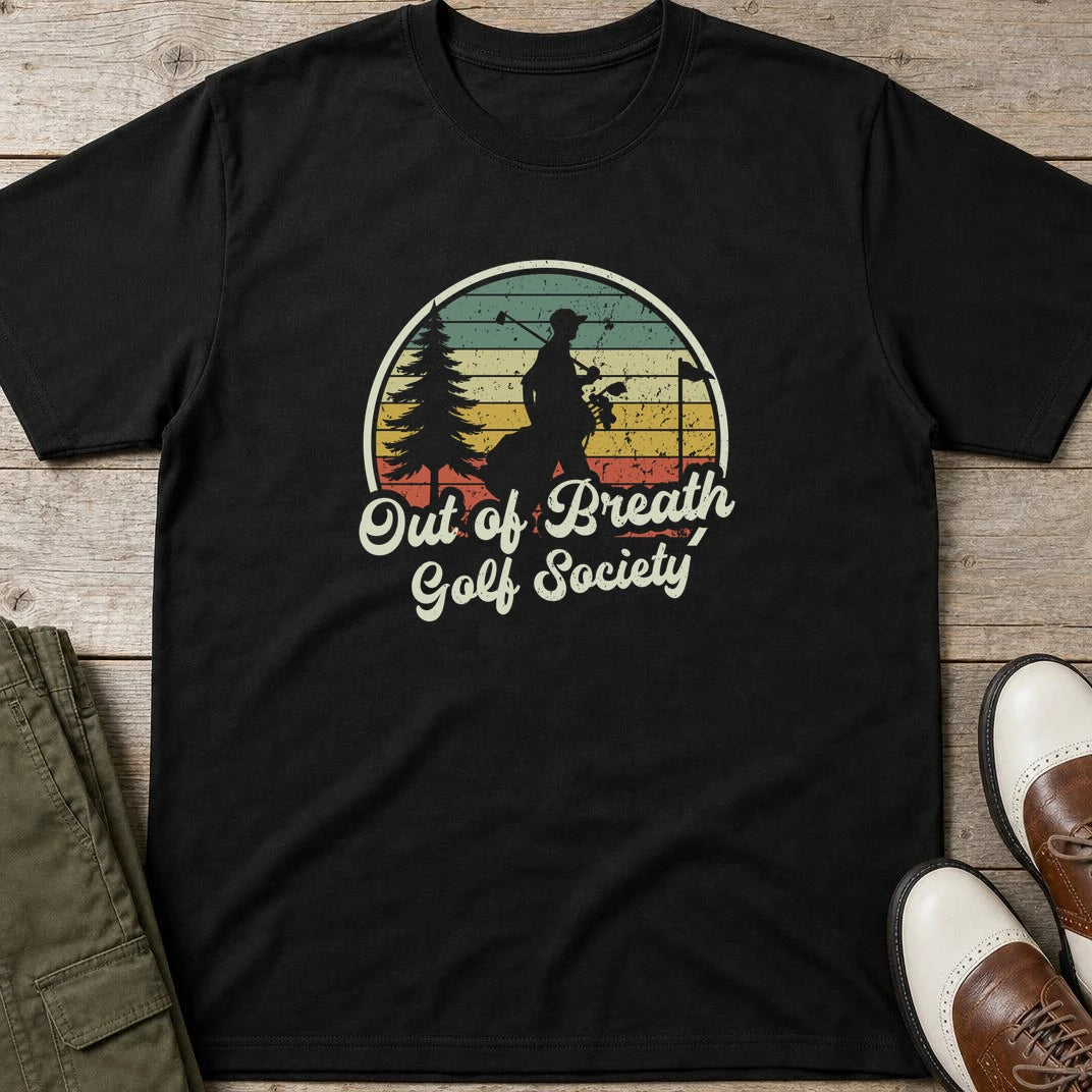 Out of Breath GS T-Shirt in Black lying on a plain floor. T-shirt is a unisex cut and 100 per cent cotton.