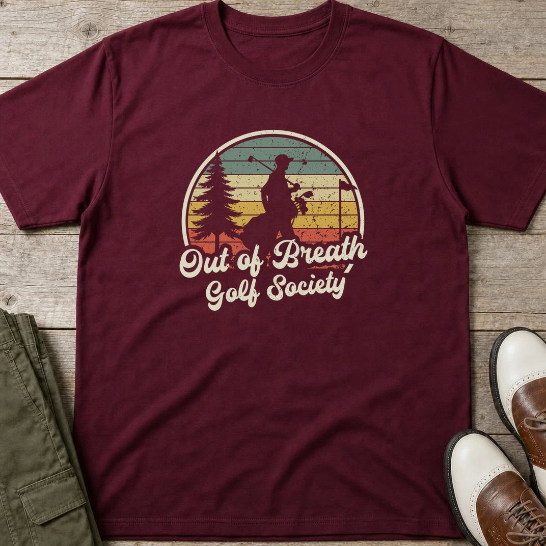 Out of Breath GS T-Shirt in Maroon lying on a plain floor. T-shirt is a unisex cut and 100 per cent cotton.