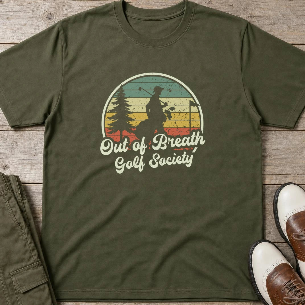 Out of Breath GS T-Shirt in Military Green lying on a plain floor. T-shirt is a unisex cut and 100 per cent cotton.