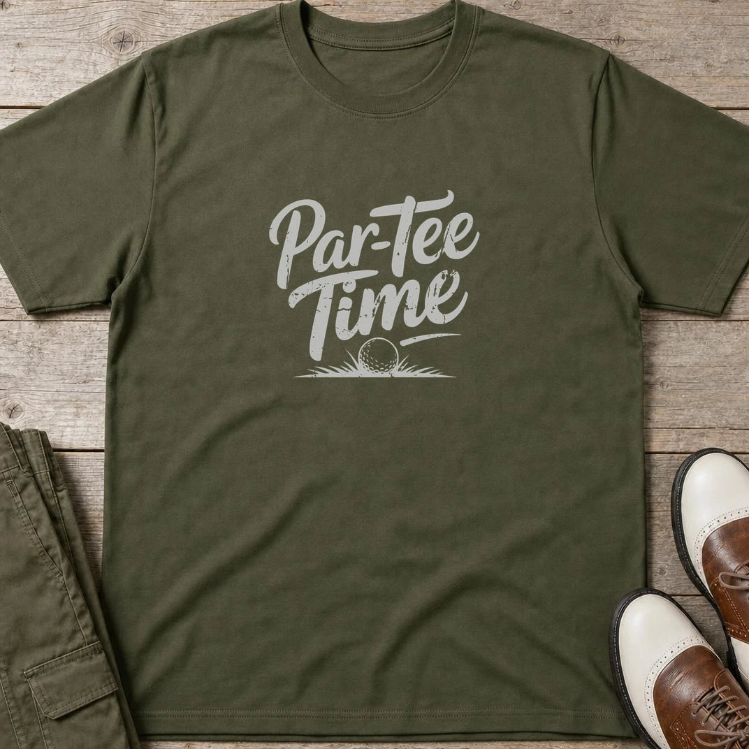 Par-Tee T-Shirt in Military Green lying on a plain floor. T-shirt is a unisex cut and 100 per cent cotton.