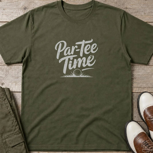 Par-Tee T-Shirt in Military Green lying on a plain floor. T-shirt is a unisex cut and 100 per cent cotton.