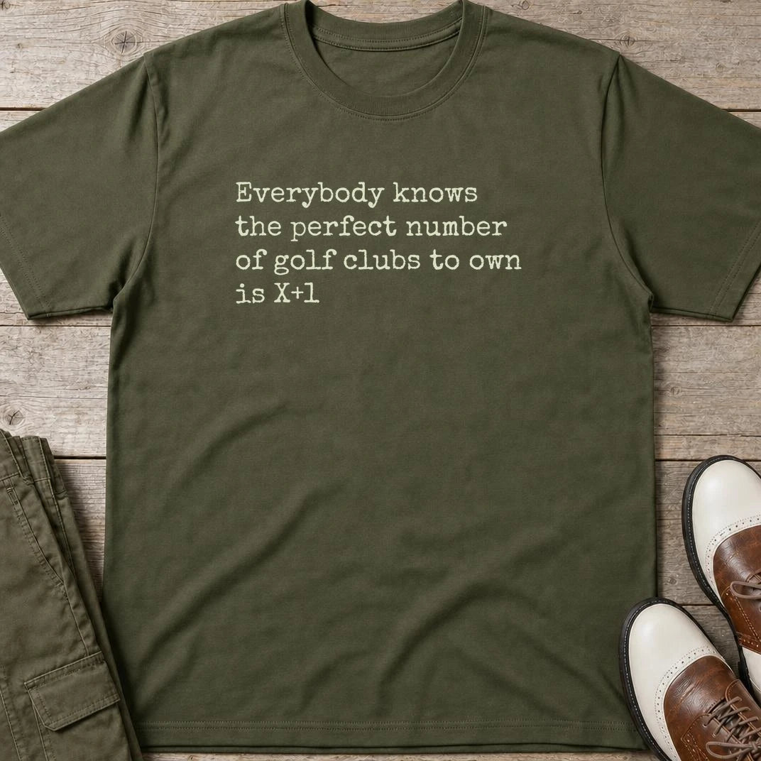 The Perfect Number T-Shirt in Military Green lying on a plain floor. T-shirt is a unisex cut and 100 per cent cotton.