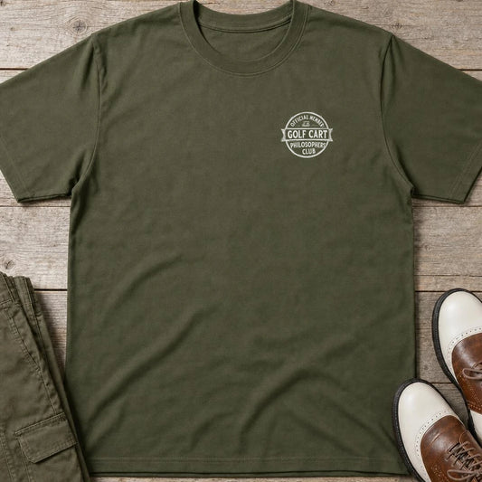 Philo Club Pocket T-Shirt in Military Green lying on a plain floor. T-shirt is a unisex cut and 100 per cent cotton.