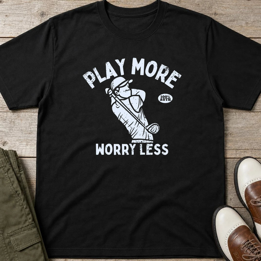 Worry Less T-Shirt in Black lying on a plain floor. T-shirt is a unisex cut and 100 per cent cotton.