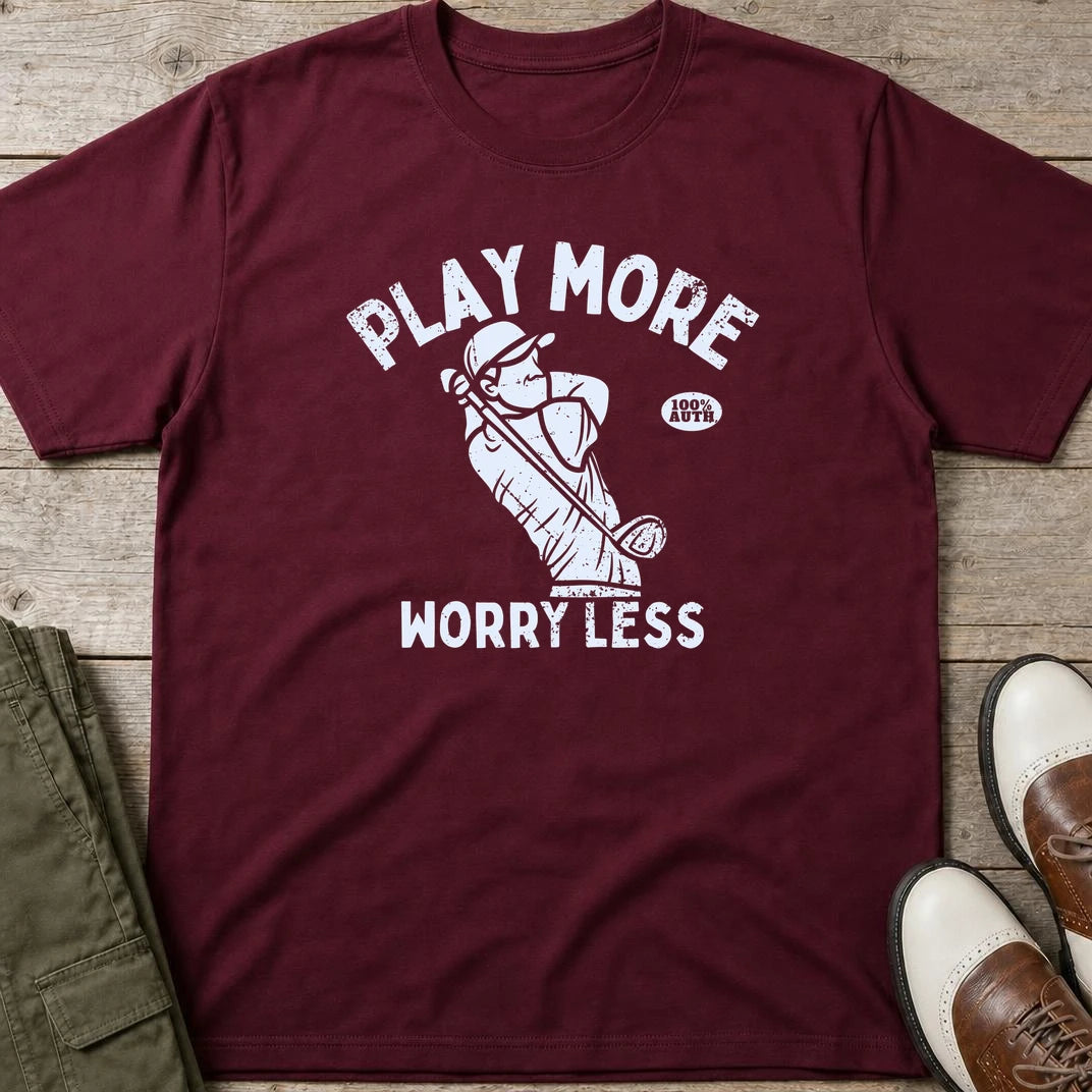 Worry Less T-Shirt in Maroon lying on a plain floor. T-shirt is a unisex cut and 100 per cent cotton.