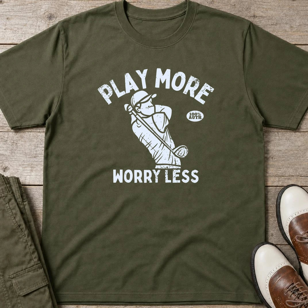 Worry Less T-Shirt in Military Green lying on a plain floor. T-shirt is a unisex cut and 100 per cent cotton.
