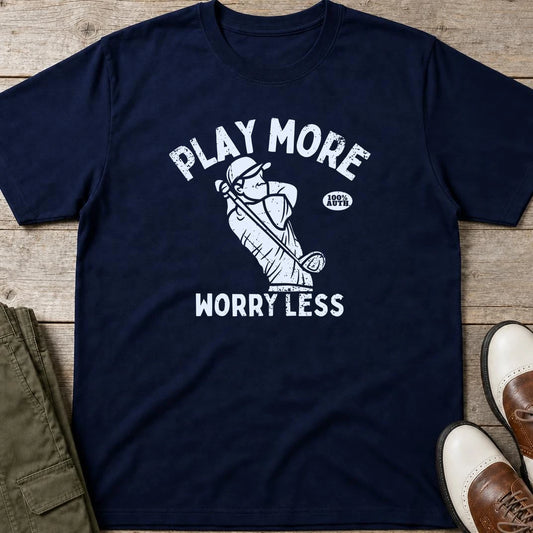 Worry Less T-Shirt in Navy lying on a plain floor. T-shirt is a unisex cut and 100 per cent cotton.
