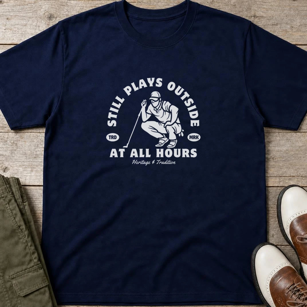 At All Hours T-Shirt in Navy lying on a plain floor. T-shirt is a unisex cut and 100 per cent cotton.