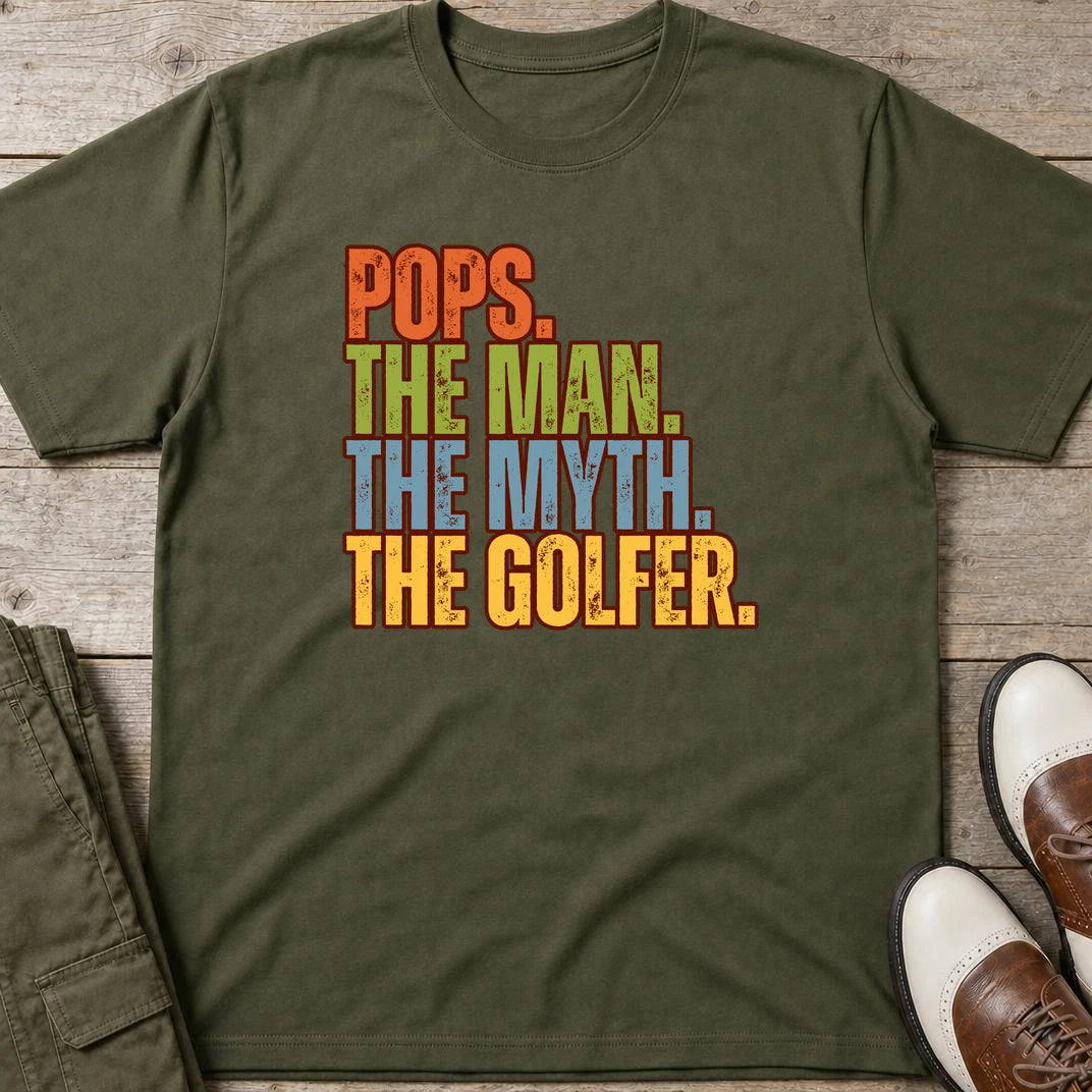 Pops Myth Golfer T-Shirt in Military Green lying on a plain floor. T-shirt is a unisex cut and 100 per cent cotton.
