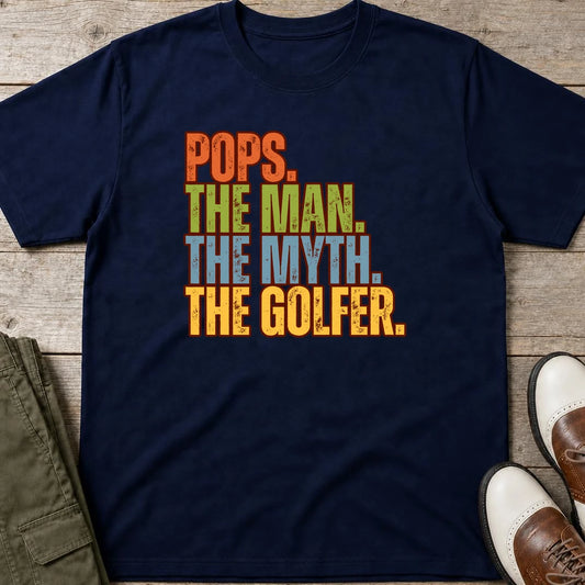 Pops Myth Golfer T-Shirt in Navy lying on a plain floor. T-shirt is a unisex cut and 100 per cent cotton.