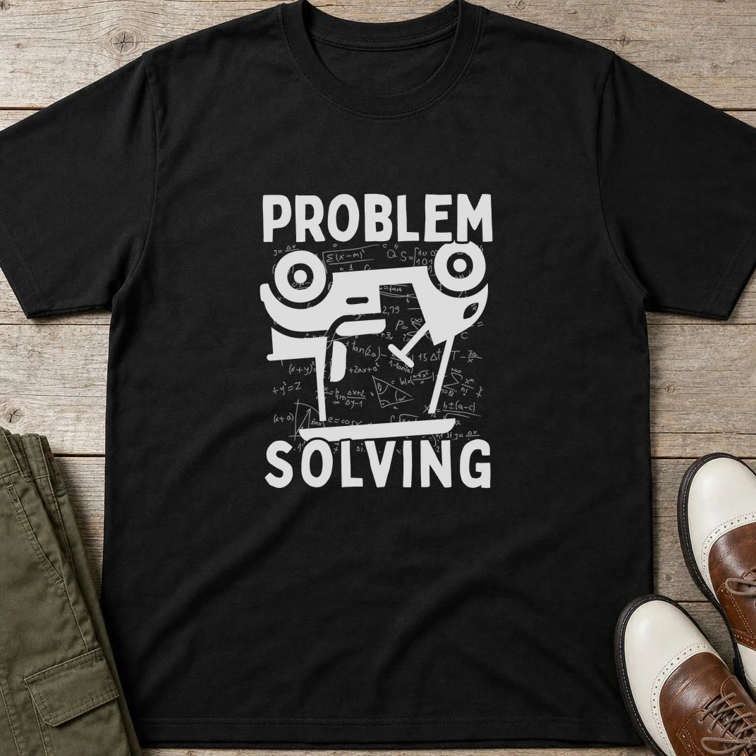 Problem Cart T-Shirt in Black lying on a plain floor. T-shirt is a unisex cut and 100 per cent cotton.