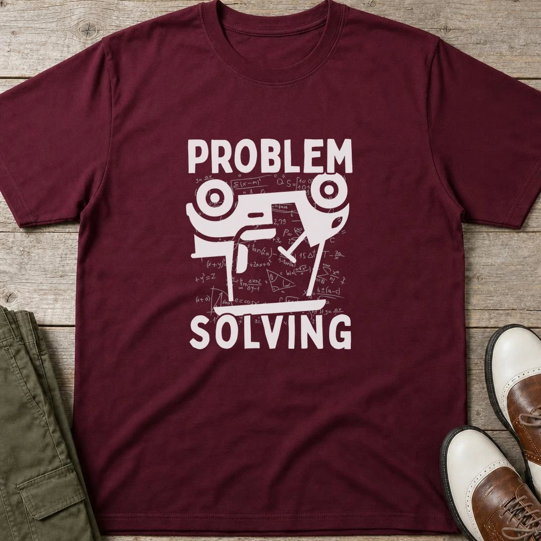 Problem Cart T-Shirt in Maroon lying on a plain floor. T-shirt is a unisex cut and 100 per cent cotton.