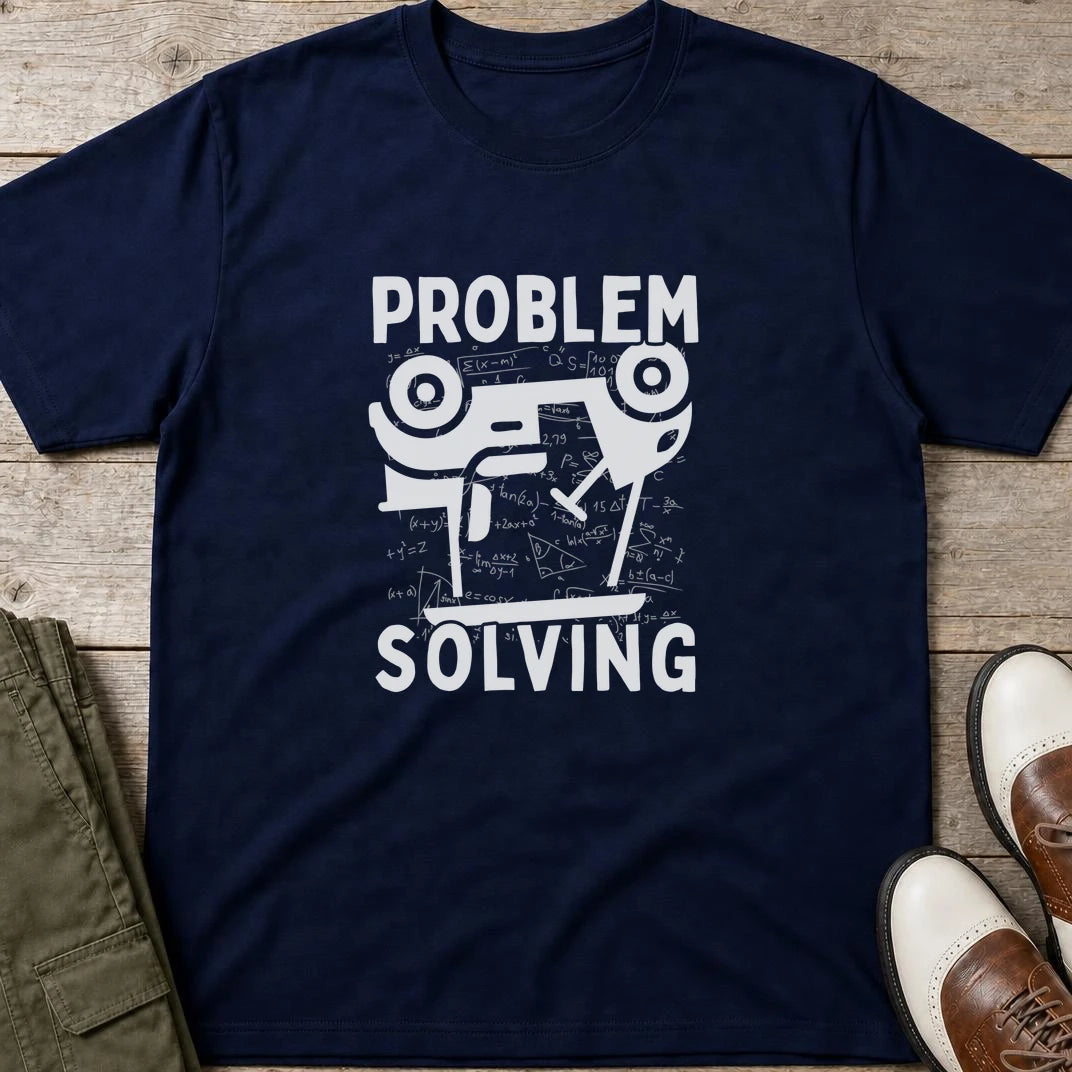 Problem Cart T-Shirt in Navy lying on a plain floor. T-shirt is a unisex cut and 100 per cent cotton.