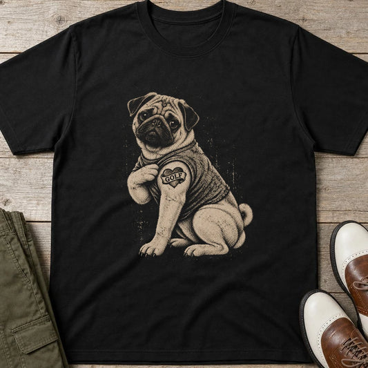 Pug Golfer T-Shirt in Black lying on a plain floor. T-shirt is a unisex cut and 100 per cent cotton.