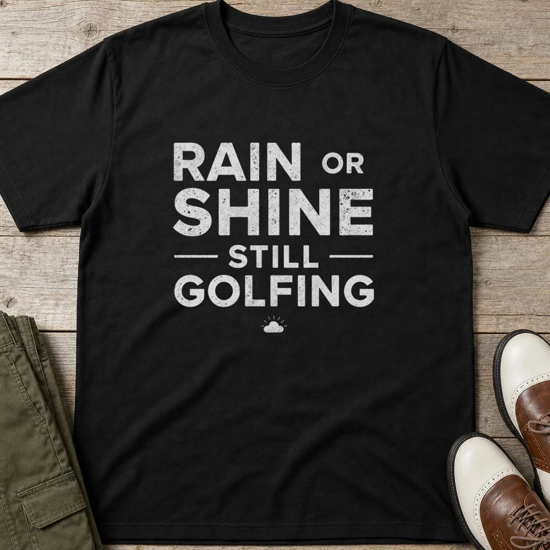 Rain Or Shine T-Shirt in Black lying on a plain floor. T-shirt is a unisex cut and 100 per cent cotton.