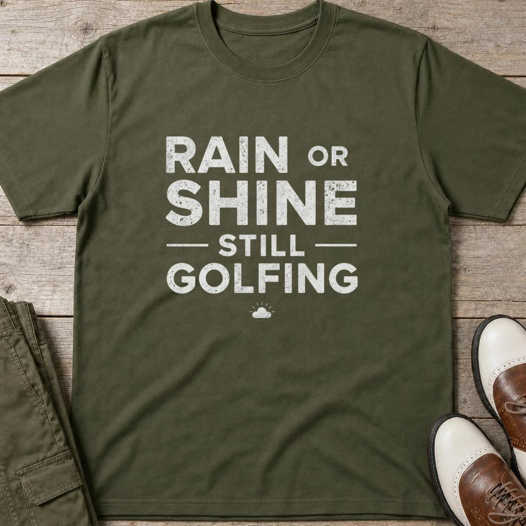 Rain Or Shine T-Shirt in Military Green lying on a plain floor. T-shirt is a unisex cut and 100 per cent cotton.