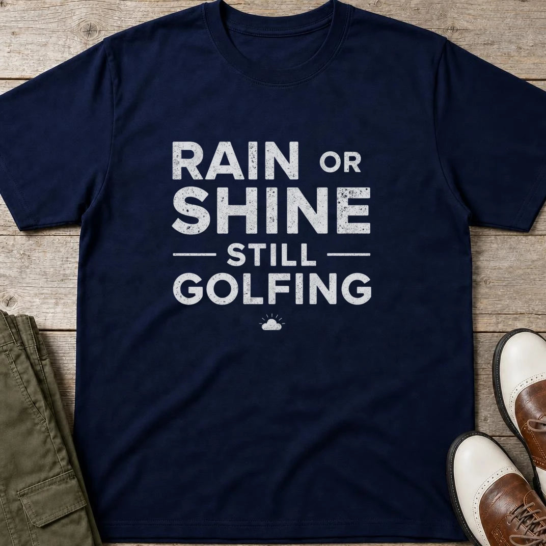 Rain Or Shine T-Shirt in Navy lying on a plain floor. T-shirt is a unisex cut and 100 per cent cotton.