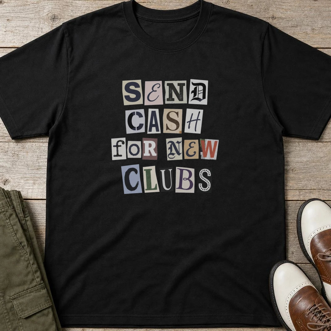 Ransom T-Shirt in Black lying on a plain floor. T-shirt is a unisex cut and 100 per cent cotton.