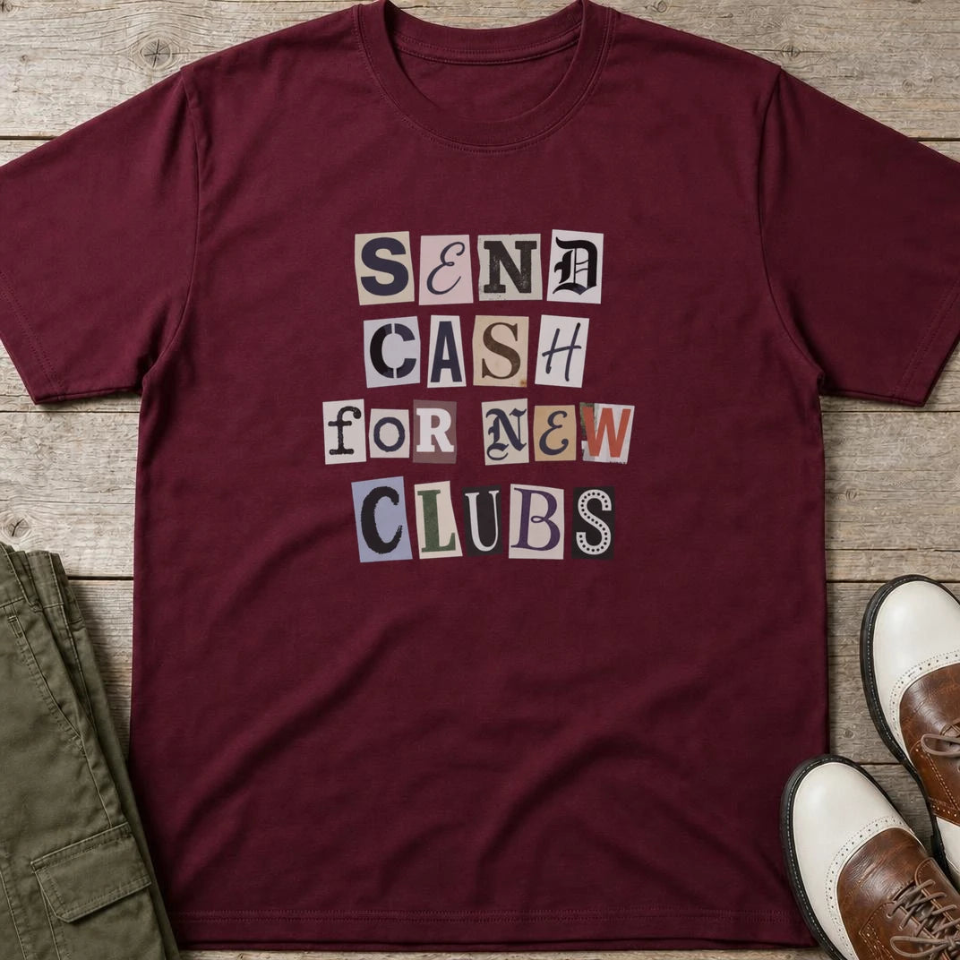 Ransom T-Shirt in Maroon lying on a plain floor. T-shirt is a unisex cut and 100 per cent cotton.