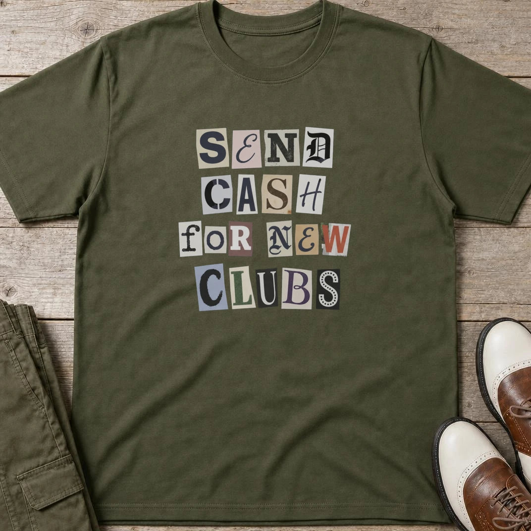 Ransom T-Shirt in Military Green lying on a plain floor. T-shirt is a unisex cut and 100 per cent cotton.